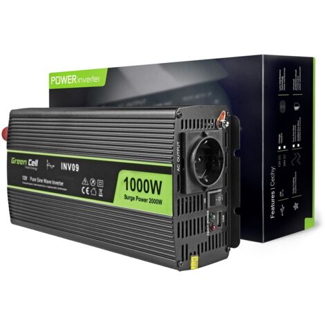 Green Cell – Onduleur 12V-230V INV09 1000W/2000W – Onde sinusoïdale pure – Ventilateur intelligent – Boîtier aluminium léger (1/5)