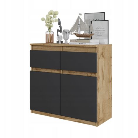 COMMODE 80 CM CHÊNE WOTAN / ANTHRACITE 2 TIROIRS 2 PORTES 2 ÉTAGÈRES (1/5)