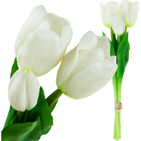 CV17690-2 Bouquet de tulipes en silicone caoutchouté, 3 pièces, tulipes blanches luxueuses, aspect réaliste (1/5)