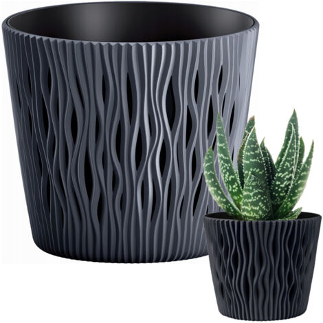 Pot de fleurs ajouré anthracite DSR190-S433 avec couvercle intérieur, 3 L, couleur sable, forme ronde. (1/5)