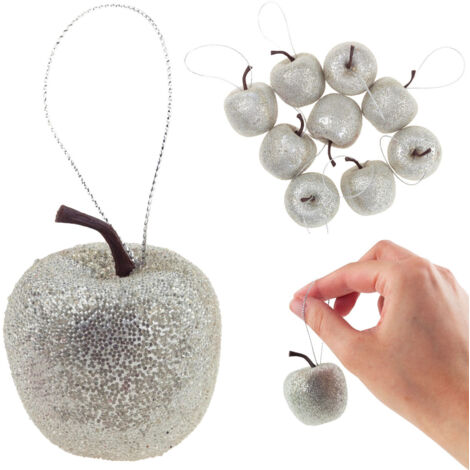 TG61386-1 Boules de Noël POMME, pendentifs sapin, décorations pomme pailletées, 9 pièces, argent (1/5)