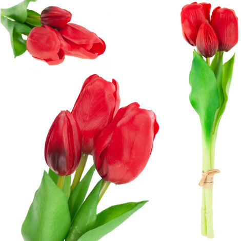 CV17690-7 Bouquet de tulipes en silicone caoutchouté, 3 pièces, tulipes rouges luxueuses, aspect naturel. (1/5)