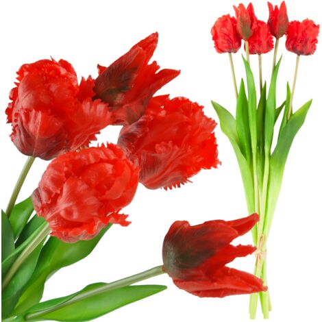 CV13899-8 Bouquet de tulipes perroquet, fleurs artificielles en caoutchouc, 5 pièces, aspect réaliste (1/5)