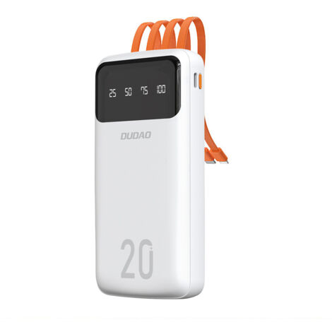 Batterie externe K6Pro+ 20 000 mAh avec câbles USB-C, micro-USB et Lightning intégrés pour iPhone - Blanche