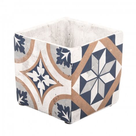 Pot de fleurs à carreaux portugais - L 13,1 cm x l 13,1 cm x H 13,2 cm - Livraison gratuite