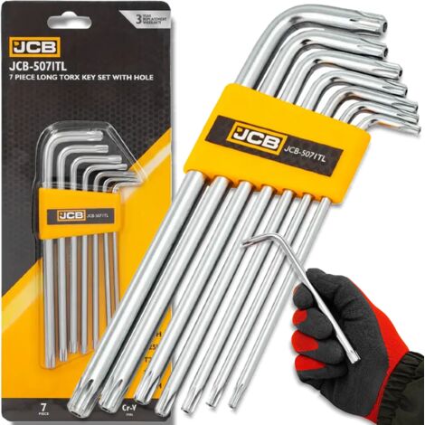 Jeu de clés Torx JCB longues avec trou, 7 pièces, type L, acier au chrome-vinyle (T10H-T40H). (1/5)