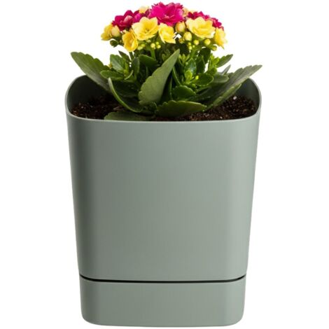 Pot de fleurs recyclable CUBI avec soucoupe, gris-vert, 16 x 16 cm (1/5)