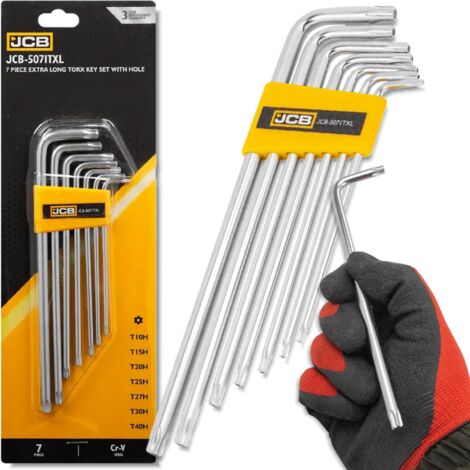 Jeu de clés Torx JCB longues avec trou, 7 pièces, type L, acier au chrome-vinyle (T10H-T40H). (1/5)