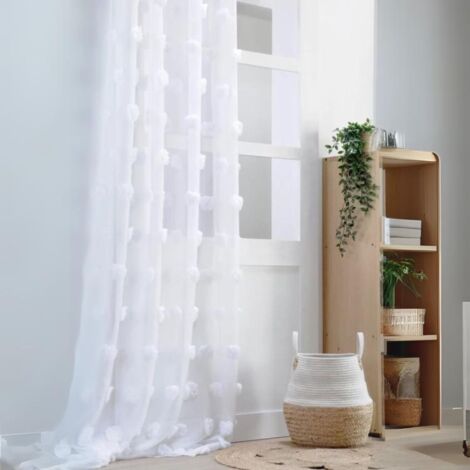 Homemaison – Voilage pompons brodés blanc 140x260 cm – 100% polyester – 8 œillets ronds argent – Prêt à poser pour ambiance ethno bohème