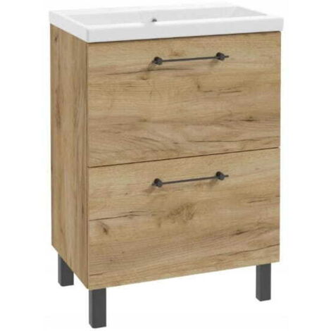 Meuble sous vasque simple 50x40x84cm en chêne artisanal – 2 tiroirs avec fermeture amortie – Lavabo céramique et robinet sur pied inclus (1/5)