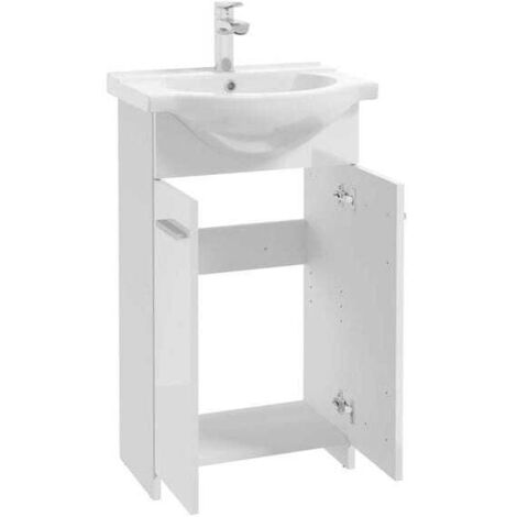 Meuble sous vasque simple blanc 50 cm – Lavabo intégré – Hauteur 85 cm – Panneau stratifié blanc laqué – Pour petites salles de bain