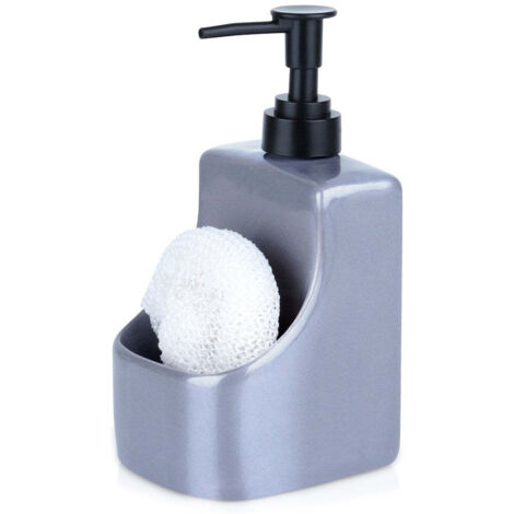 Distributeur de liquide vaisselle avec porte-éponge et éponge, en céramique grise, 400 ml (1/5)