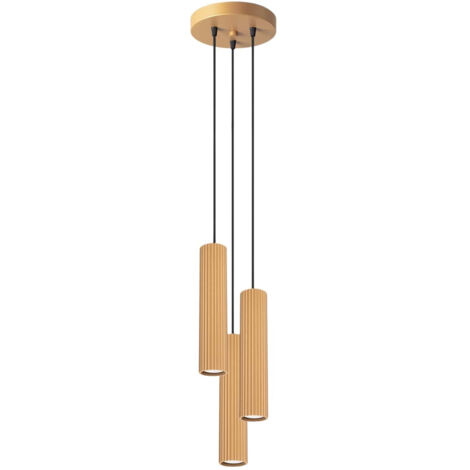 Suspension ronde moderne dorée Ø20 cm avec trois tubes ondulés, idéale pour le salon ou la cuisine au-dessus d'un îlot central. Équipée de 3 ampoules GU10 de 10 W (KARBON Sollux Lighting). (1/5)