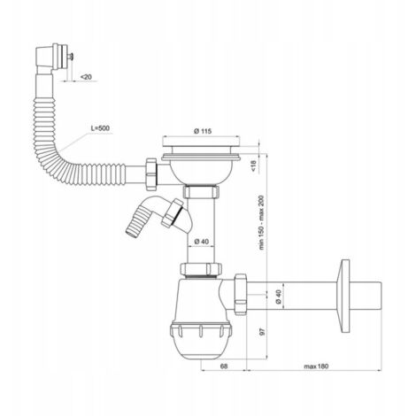 Siphon d'évier fi 90 mm type bouteille avec trop-plein