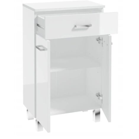 Meuble sous vasque simple 50x30x85cm – Blanc brillant – 1 tiroir et 2 étagères – Accès pratique avec portes à double charnière (1/5)