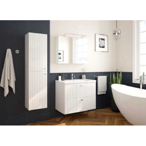 Meuble de salle de bains avec vasque intégrée, rainuré, 60 cm, blanc brillant, lamelles Rietti (1/4)