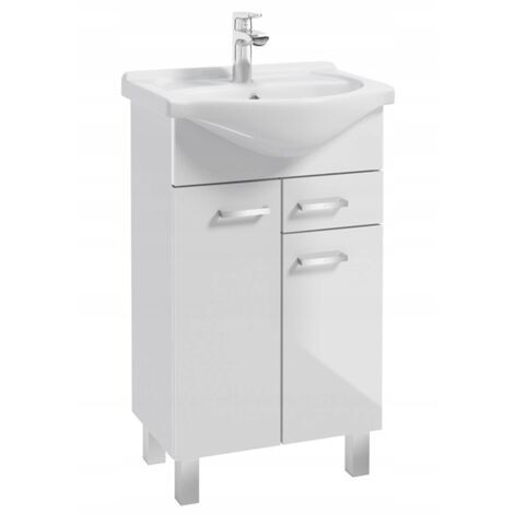 Meuble bas de salle de bain 50 cm avec lavabo céramique – Façade laquée blanche – Autonome – Hauteur 86 cm – Largeur 46 cm – Profondeur 30 cm