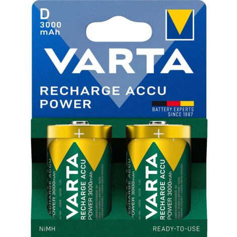 Varta – Pile rechargeable NiMH D 3000 mAh – Lot de 2 – Compatible avec appareils à forte consommation – Rechargeable jusqu'à 1000 fois