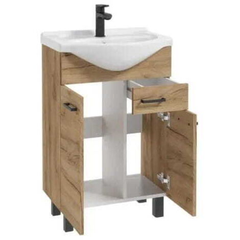 Meuble sous-vasque avec vasque céramique 55 cm – Chêne massif – Dimensions compactes – 1 tiroir et 2 étagères (1/4)
