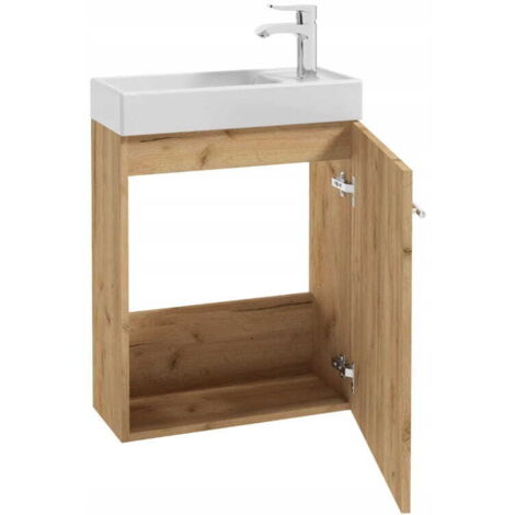 Meuble de salle de bains avec vasque 50x70cm équipée d'un robinet et d'un siphon, chêne massif, petit modèle (1/4)