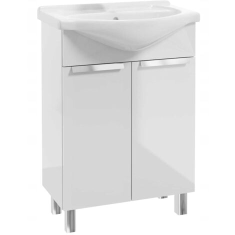 Meuble de salle de bains avec vasque sur pieds 85x60, blanc Lily, robinet chromé allongé (1/5)
