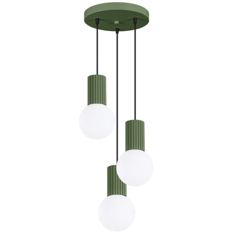 Suspension moderne ronde à trois ampoules, vert olive, rainurée, avec boules de verre blanches, idéale pour le salon, la salle à manger ou au-dessus d'une table. Équipée de 3 ampoules G9 de 8 W (HALO (1/5)