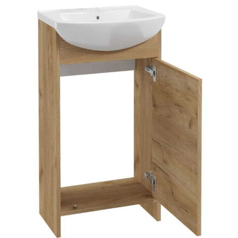 Meuble de salle de bain avec vasque céramique 45 cm – Chêne doré – Autoportant – Résistant à l'humidité – Montage rapide