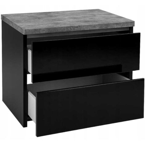 Meuble sous vasque suspendu noir 60x50cm – Plateau béton noir – 2 tiroirs avec fermeture silencieuse – MDF haute brillance (1/3)
