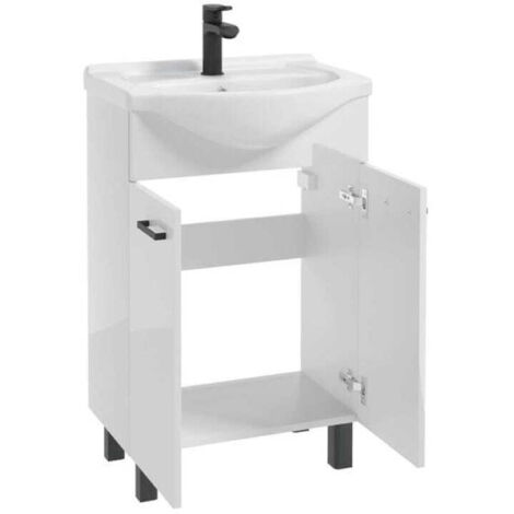 Meuble de salle de bains avec vasque laquée blanche 84x55 mm équipée d'un robinet et d'un siphon. (1/5)