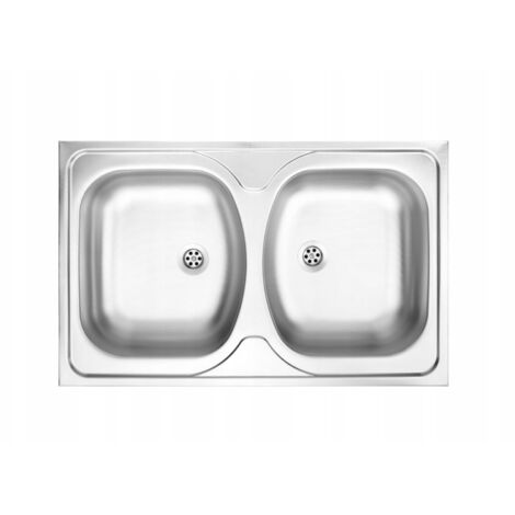 Évier à deux cuves en acier inoxydable à recouvrement 80x50 satiné avec siphon Apollo (1/4)