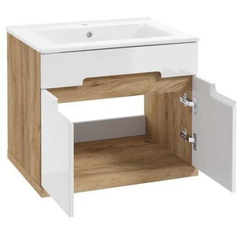 Meuble de salle de bain avec lavabo 60 cm en chêne massif, suspendu, Ronda NEUF (1/5)