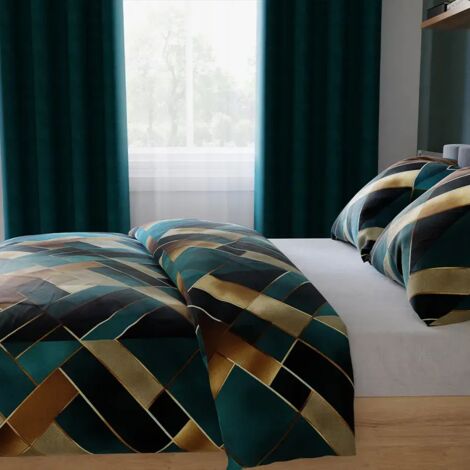 Parure de lit Rubik Satin - Motifs géométriques unis dans les tons turquoise et or - 220 x 200 cm (1/5)