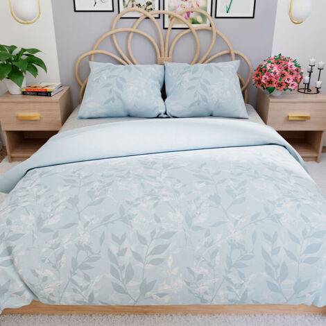 Parure de lit Lilu 160x200 cm - satin de coton, bleu, motif végétal (1/5)