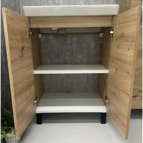 Meuble de salle de bain sur pied 80x60cm – Vasque céramique simple avec égouttoir – Finition chêne artisanal – Système de fermeture amortie (1/3)