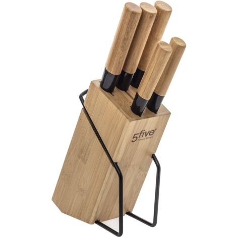 5Five Simply Smart – Ensemble de 5 couteaux de cuisine en acier inoxydable sur support en bambou – Bloc de rangement moderne – Dimensions 32,5 x 22,5 x 7,5 cm