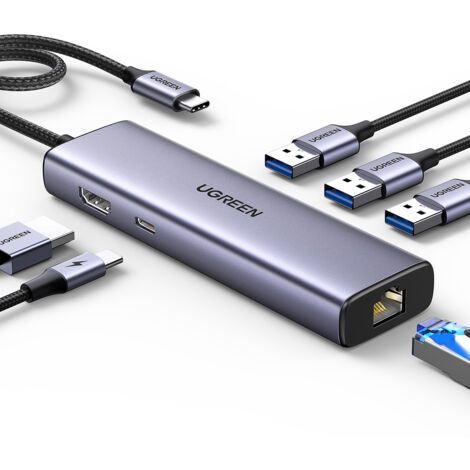 Adaptateur hub 6 en 1 USB-C - 3 ports USB-A 3.0 / HDMI / RJ45 / USB-C PD - gris (1/5)