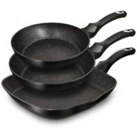 LOT DE 3 POÊLES EN GRANIT BERLINGER HAUS BH-6157 NOIR ARGENT