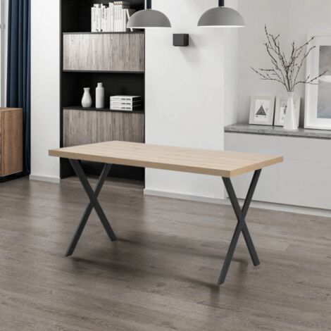 Tavolo Da Pranzo Rettangolare 80x140 Cm – Design Rovere E Nero Con Gambe Incrociate In Ferro, MDF E Metallo, Carico 130 Kg, Montaggio Richiesto