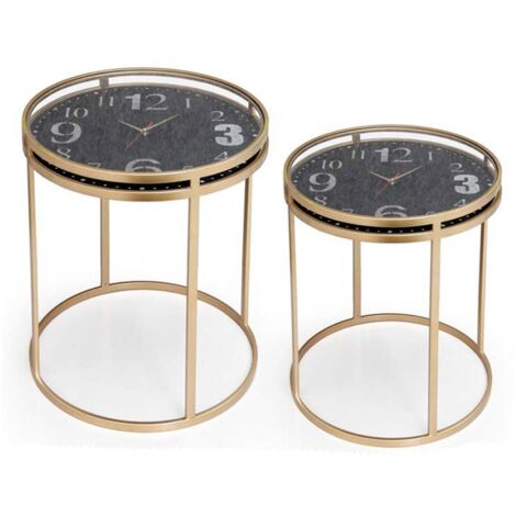 Set due tavolini salotto metallo dorato e piano vetro orologio (1/5)