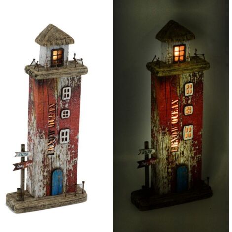 Decorazione mare Faro in legno rosso con LED cm 16x6,5x34h (1/3)