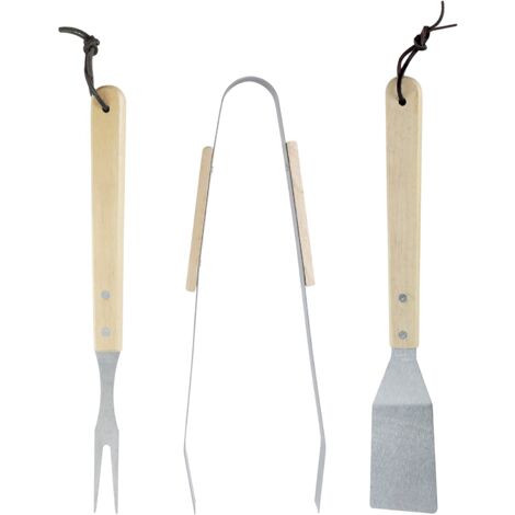 Set di 3 Attrezzi per Barbecue in Acciaio e Legno-Spatola, Pinza e Forchettone - Dim. 35x6.8x1.5 cm.35x9.5x2.5 cm.35x2.2x1.5cm (1/5)