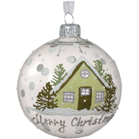 Palline per albero di Natale in vetro decorate trasparente con con case innevate (1/2)