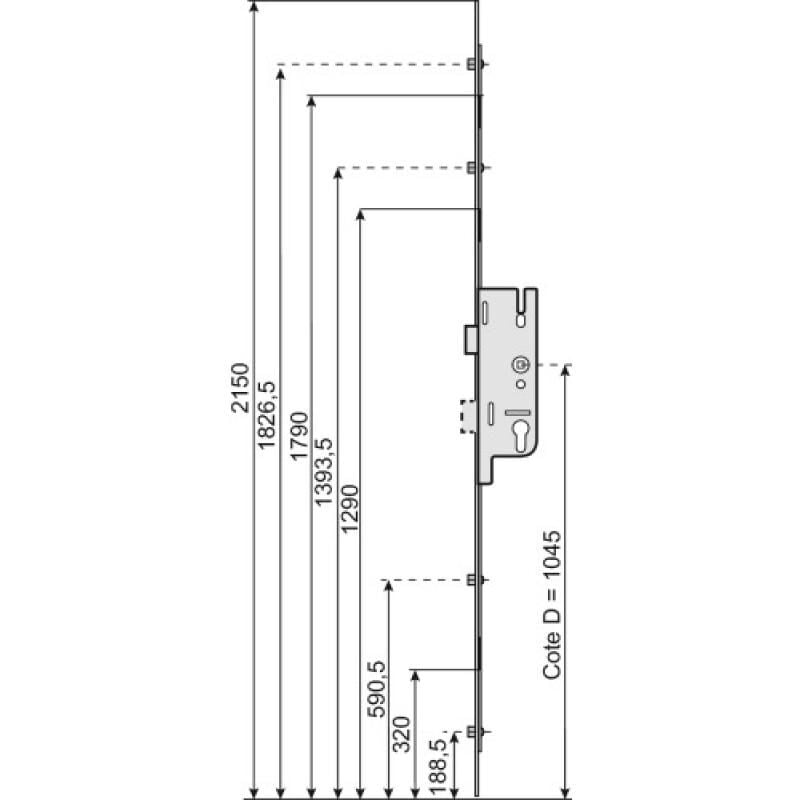 Crémone EUROPA 4 galets têtière 16 carré 8 axe 28 entraxe 92 2285 mm D 1050 mm - FERCO
