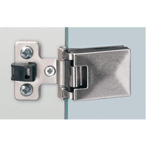 Hettich – Charnière de porte en verre 180° – Zamak nickelé mat – Pour verre jusqu'à 6,3 mm – Angle d'ouverture 180° – Système de blocage