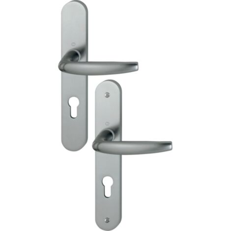 Hoppe – Béquille double sur plaque emboutie Atlanta – Aluminium aspect inox – Entraxe 195 mm – Clé I – Épaisseur de porte 68 à 77 mm