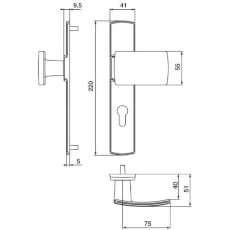 Ensemble de poignée ”Muze” sur plaque - BEZAULT - Diamant noir - Plaque 215 x 41 mm - entraxe de fixation 195 mm - Porte palière - clé I avec trou oblong pour protecteur de cylindre (1/4)