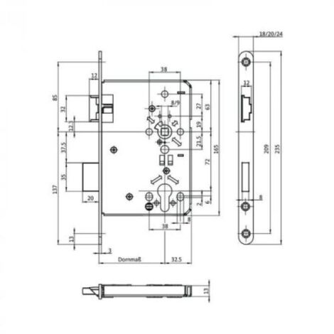 Serrure monopoint encastrée 55 mm – Fouillot carré 8 mm – Têtière acier bouts ronds – Entraxe 72 mm pour portes intérieures (1/2)