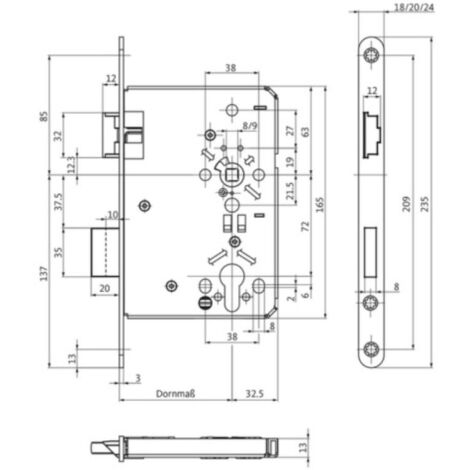 Serrure à larder à cylindre type BKS 515 axe 55 mm – Entraînement carré 8 mm – Têtière inox 235 x 18 x 3 mm – Pour portes intérieures