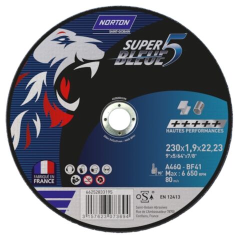Norton – Disque à tronçonner 230 mm – Épaisseur 1,9 mm – Alésage 22,23 mm – Acier haute performance pour applications industrielles