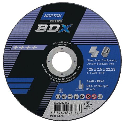 Norton – Disque à tronçonner pour meuleuse 125mm – Acier inox – Alésage 22.23mm – Boîte de 25 unités – Découpe rapide et précise